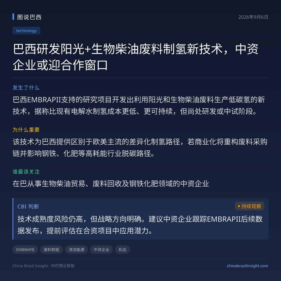 巴西研发阳光+生物柴油废料制氢新技术，中资企业或迎合作窗口
