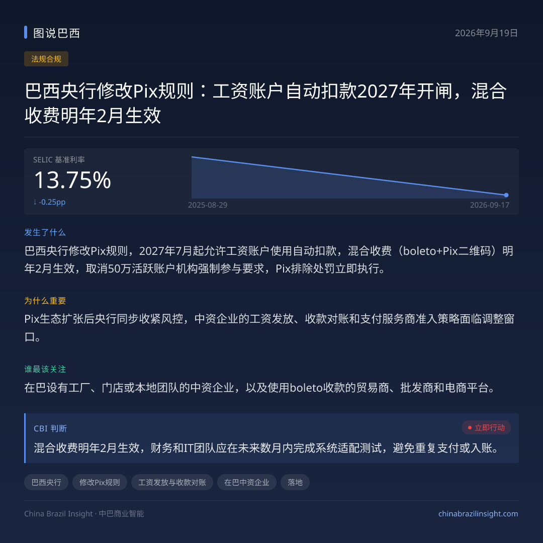 巴西央行修改Pix规则：工资账户自动扣款2027年开闸，混合收费明年2月生效