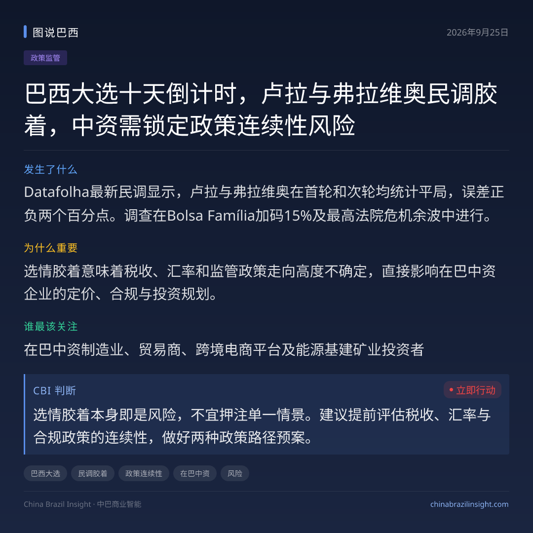 巴西大选十天倒计时，卢拉与弗拉维奥民调胶着，中资需锁定政策连续性风险