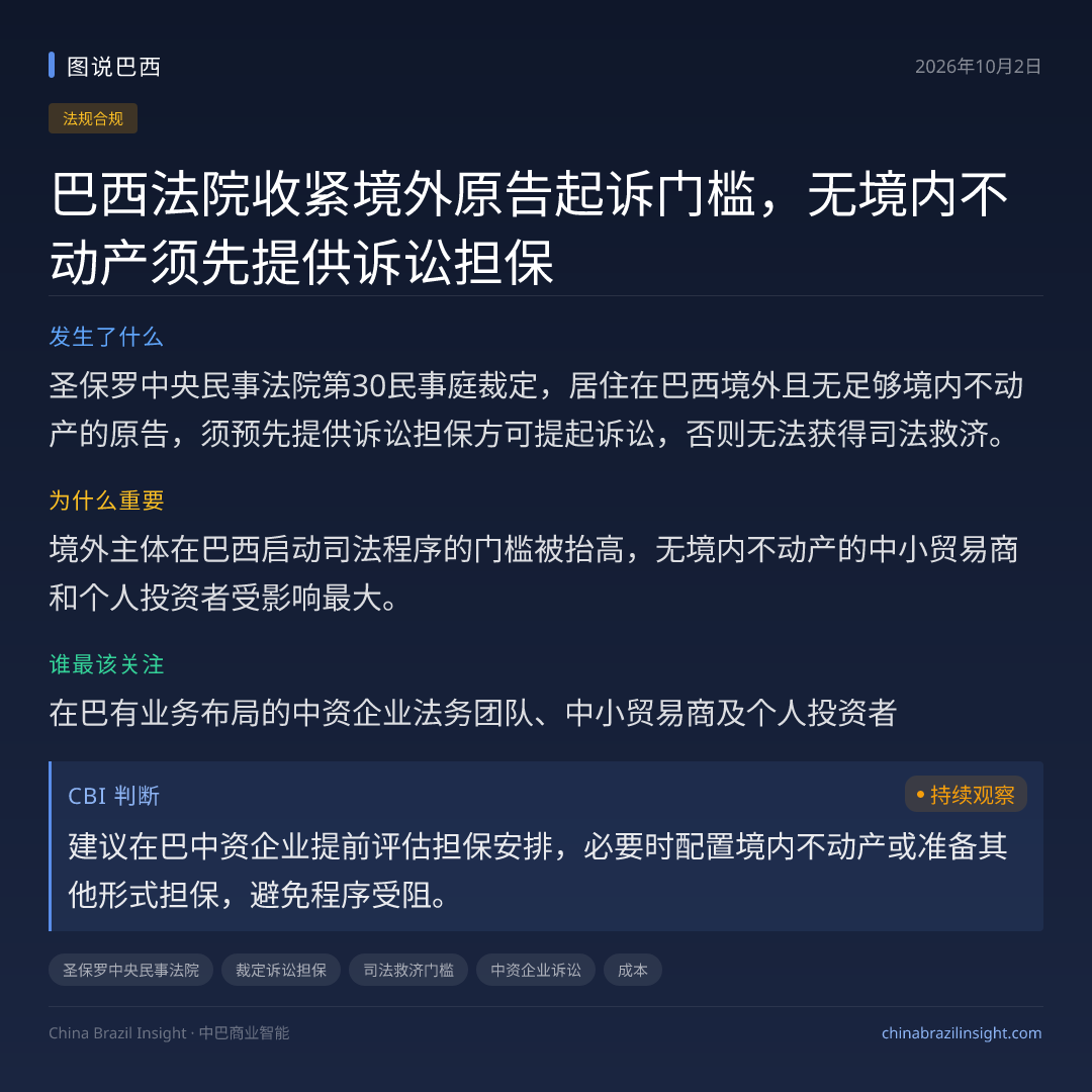 巴西法院收紧境外原告起诉门槛，无境内不动产须先提供诉讼担保